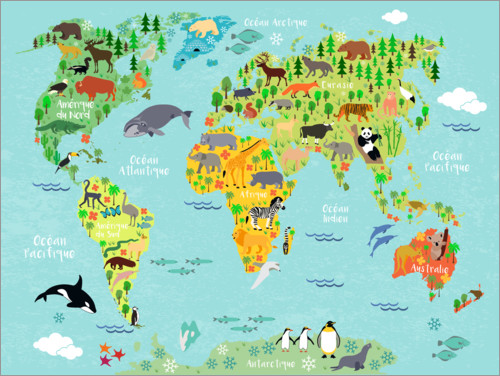 Poster Världskarta med djur (franska)
