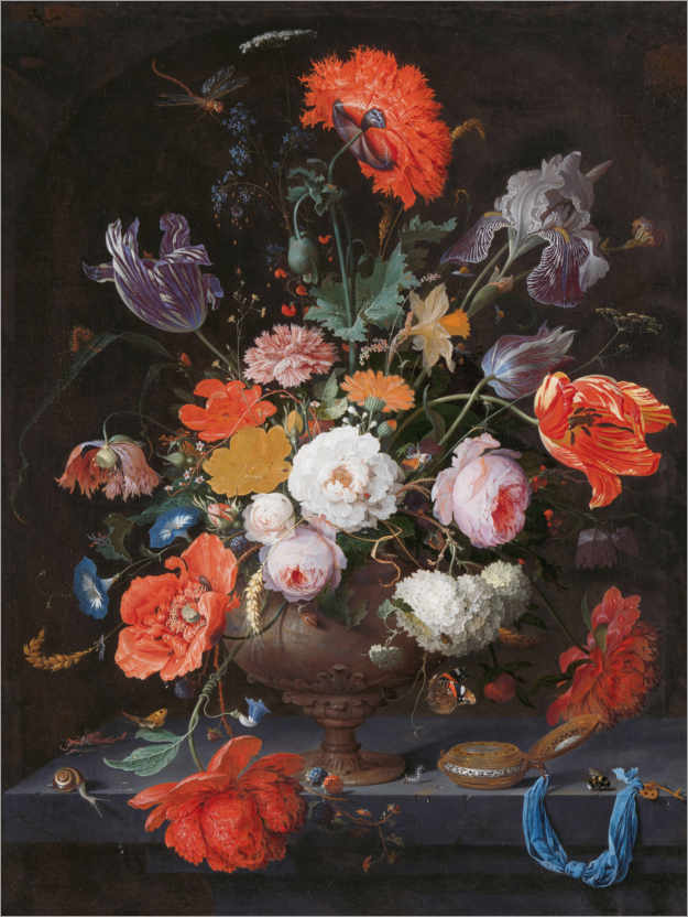 Poster Still life with flowers and a clock
