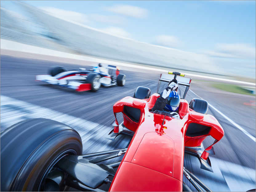 Poster Formula 1 racing car crosses finish line on sports track