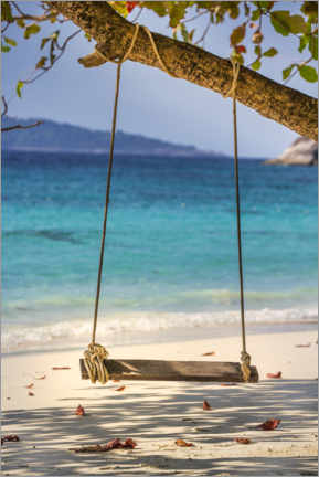 Poster Wooden swing on the sandy beach
