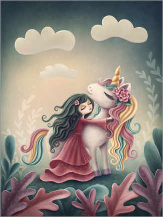 Canvastavla  Unicorn with little girl - Elena Schweitzer
