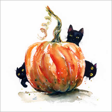 Canvastavla  Three Black Kittens and Pumpkin - Zaira Dzhaubaeva