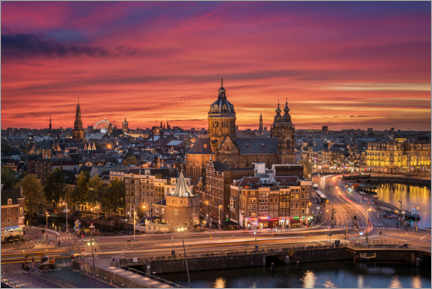 Trätavla  Skyline of Amsterdam at night, Netherlands - Michael Abid