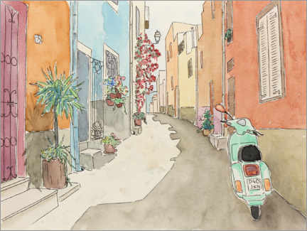 Inramat konsttryck  Mediterranean alley in summer with scooter - Natalie Bruns