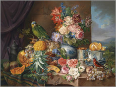 Självhäftande poster  Still life with fruits flowers and parrot - Joseph Schuster