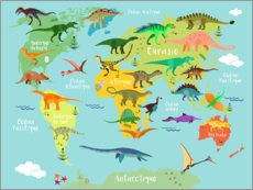 Poster Världskarta med dinosaurier (franska)