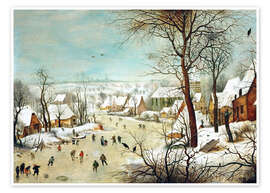 Poster  Vinterlandskap med skridskoåkare och en fågelfälla - Pieter Brueghel d.Ä.