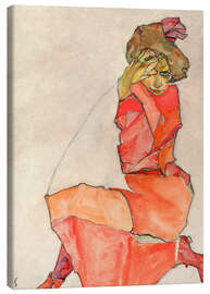 Canvastavla  Knäande kvinna i röd klänning - Egon Schiele