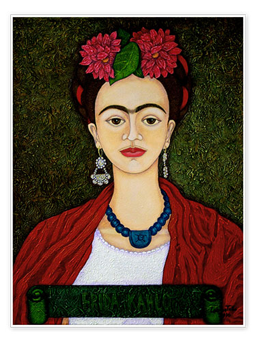 Poster Frida Kahlo porträtt med dahlior