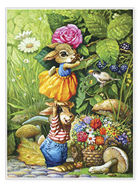 Poster  Rabbits picking flowers - Petar Meseldzija