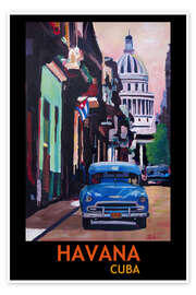 Poster Vintage car street scene in Havana