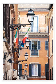 Poster Street in the centre of old town with italian flags, Rome, Italy