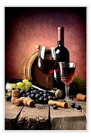 Poster  Rödvin, vindruvor och korkar