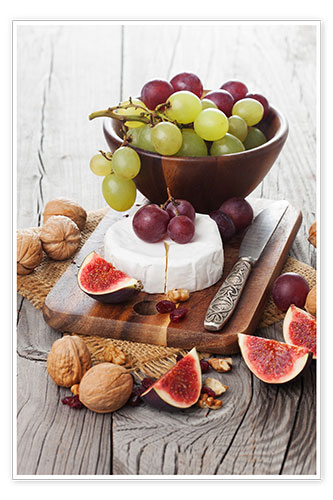 Poster Camembert cheese with figs, nuts and grapes