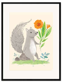 Inramat konsttryck  Squirrel with flowers - Kathryn Selbert